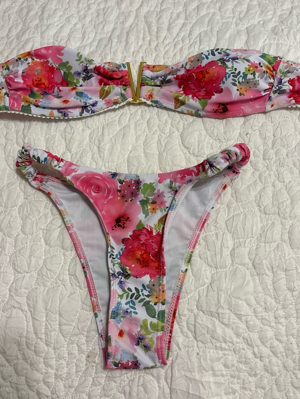 SHEIN White Floral Bandeau Bikini Set with Pink & Green Accents